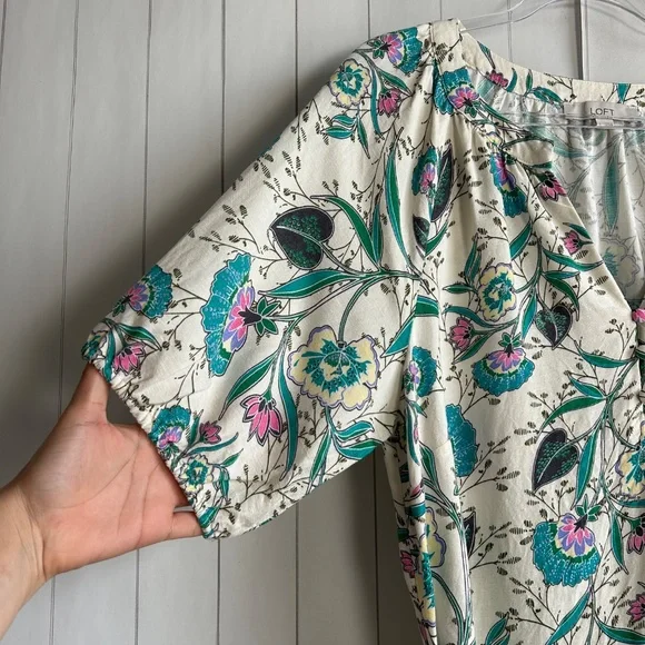 LOFT size L puff sleeve midi dress linen blend beige floral belted split neck - Picture 6 of 16